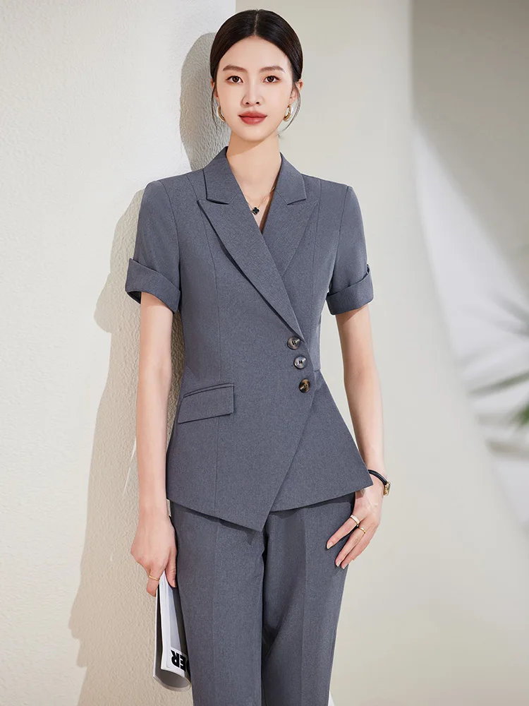 Light Blue Summer Women's Suit Set Short Sleeve Front Desk Professional Clothing High End Hotel Front Desk Formal Workwear