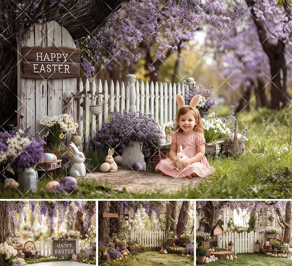 Mehofond Photography Background Spring Easter Garden Fence Flower Bunny Eggs Kids Birthday Portrait Decor Backdrop Photo Studio