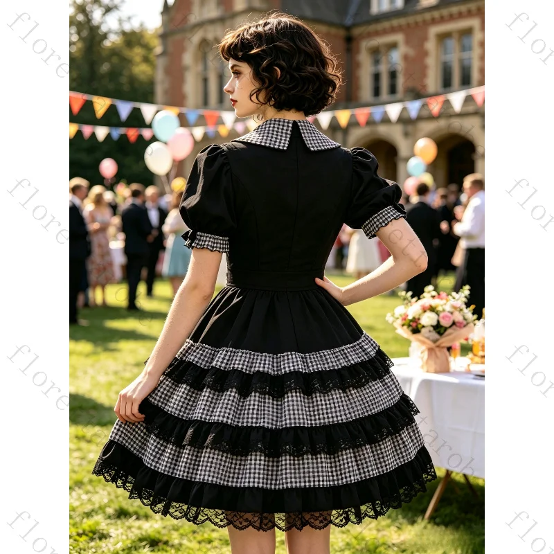 Customized Black Plaid Gothic Lolita Dress Stylish Chic Vintage Puff Short Sleeve Cake Mini Dress Campus Party Formal Outfit