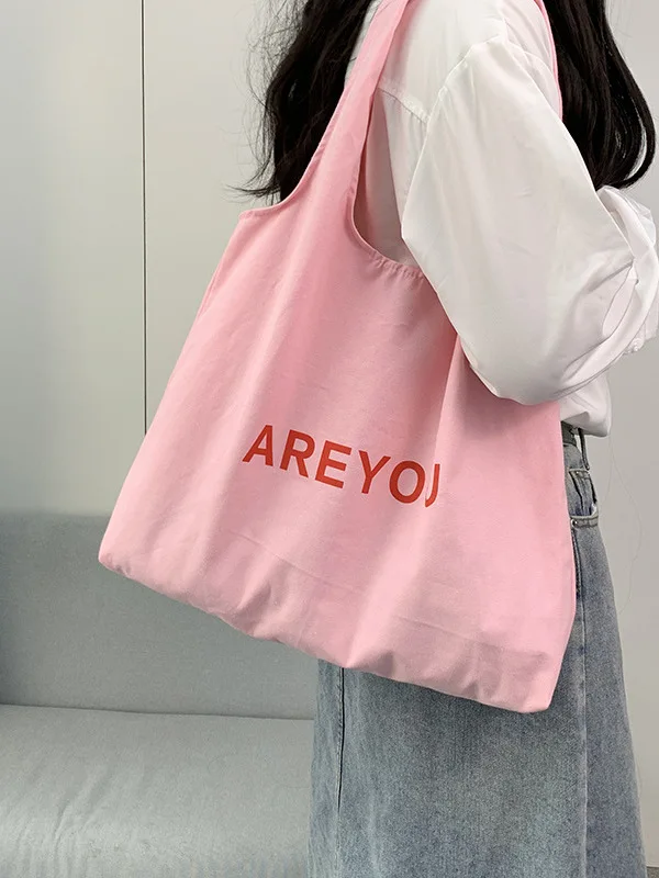 

Sweet Pink Canvas oulder Bag Thin Letter Design Tote Bag Soft Open Structure Daily Use Casual Faion Spring Summer Bag