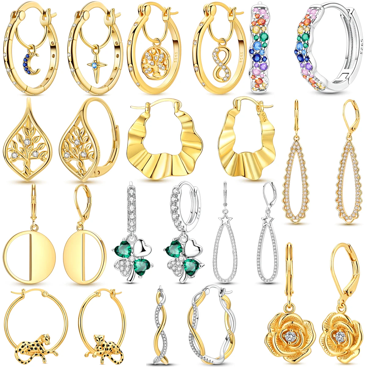 

925 Sterling Silver Golden Flower Earrings Women CZ Zircon Hoop Ear Studs Sparkling Hollow Earring Wedding Anniversary Gift