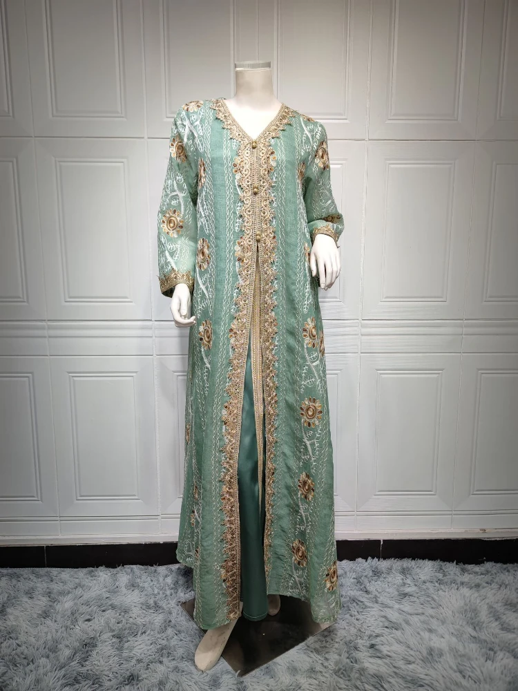 Eid Muslim Party Dress Dubai Abaya Women embroidery Saudi Arab Mesh Moroccan Kaftan Hijab Vestidos Maxi Prayer Islamic Robe