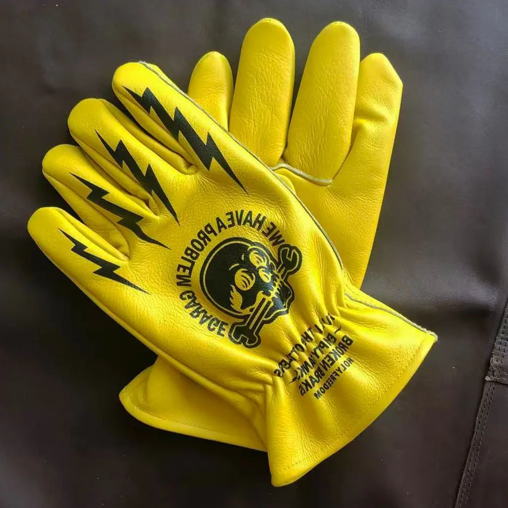 Full Grain Leather Motorcycle Gloves Men Yellow Print Vintage Winter Warm Windproof Camping Outdoor Riding Gloves