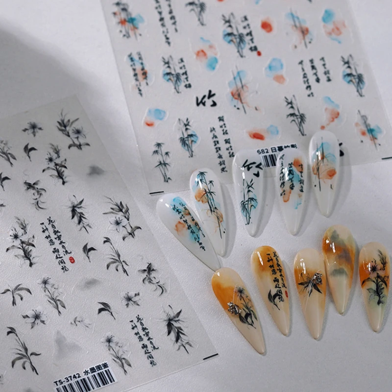 Water Ink Bamboo Lily Flower Ancient Poetry Chinese Style 3D Self Adhesive Nail Art Sticker Orchid Bird Manicure DecalsWholesale