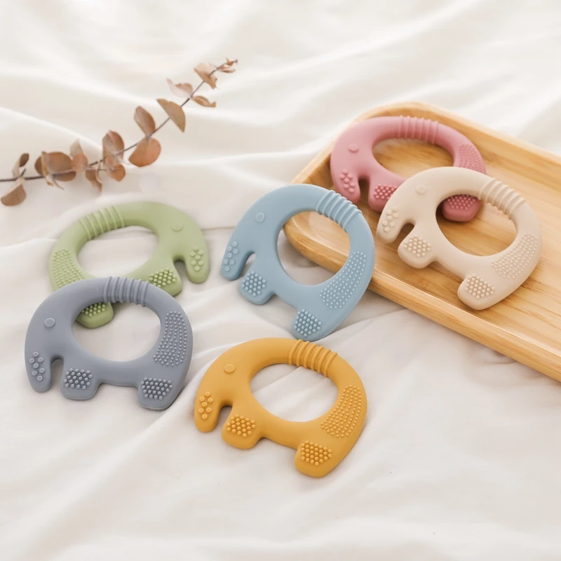 1PC Food Grade Baby Silicone Teether Elephant Shape Wooden Ring Teething Toys BPA Free Infant Chewing Nursing Teething Gifts Toy