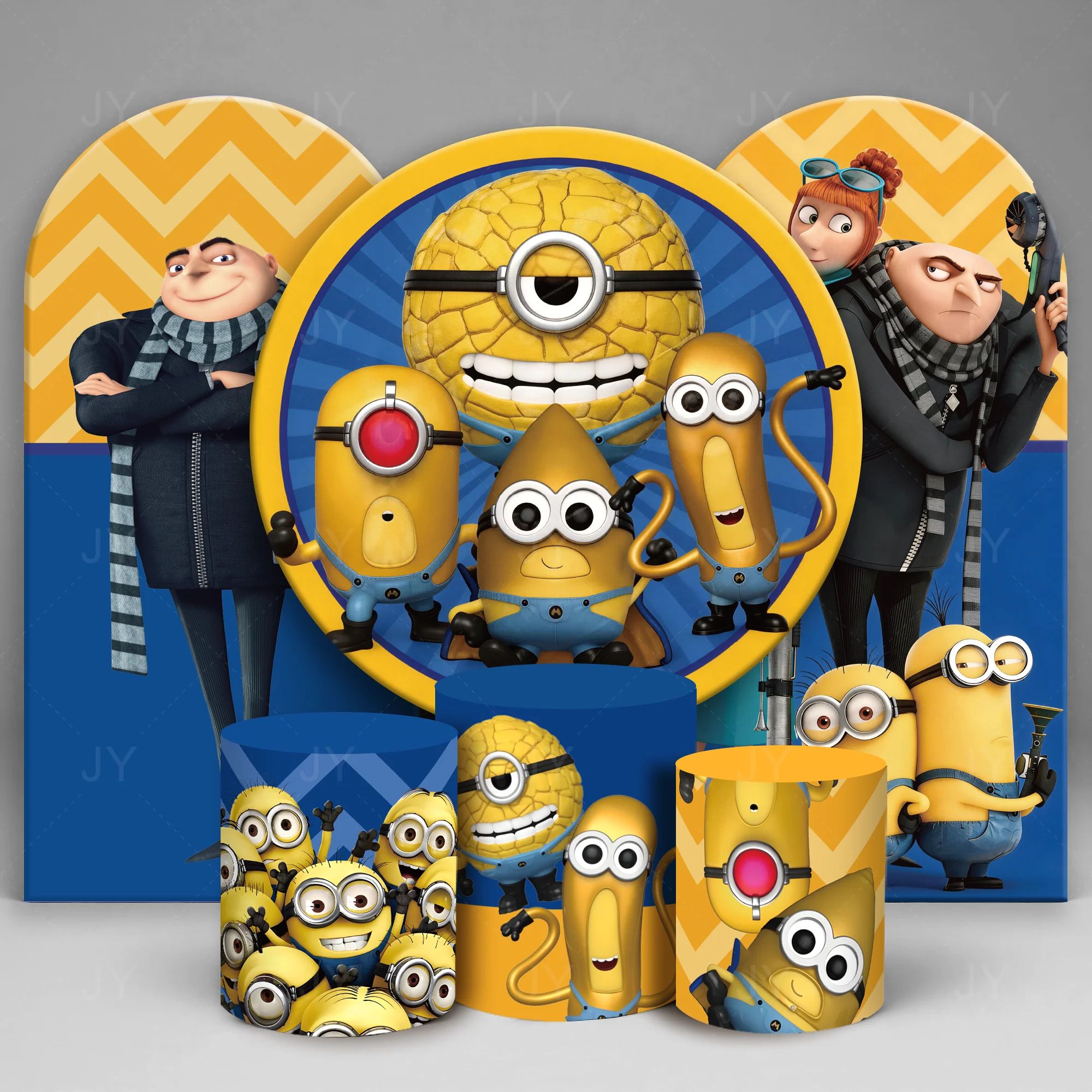 

Minions Arch Backdrop Cover&Cylindrical Cake Table Cover Round Cartoon Background for Kids Birthday Baby Shower Party Decoration