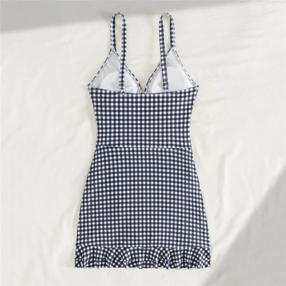 Geruite print Koreaanse mode badmode eendelig badpak trekkoord gegolfd badpak conservatieve vakantie strandkleding 2026