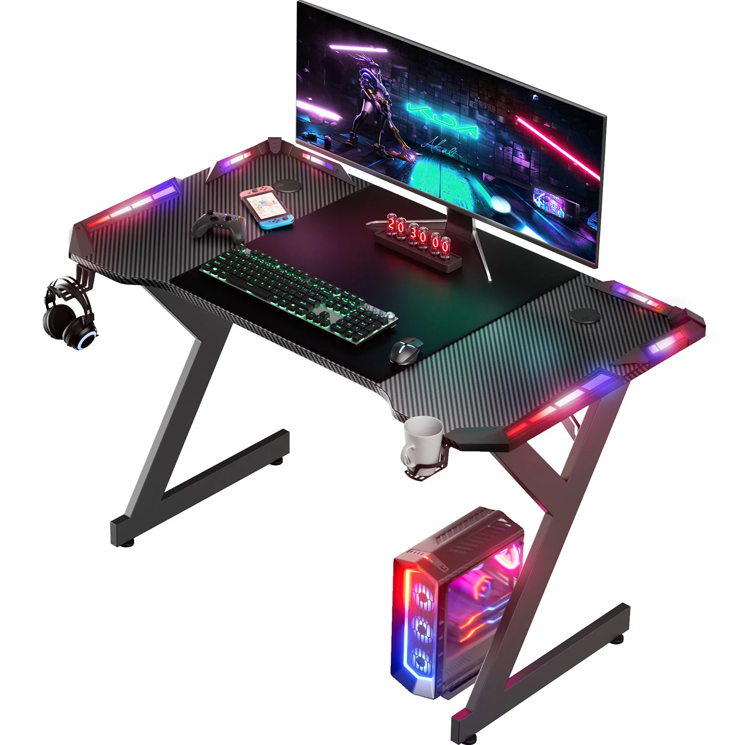 NEBMAAX Office Desk with Headphone Holder and Cup Holder; Ergonomic Computer Desk, Gaming Desk with LED Lighting; Suitable for Both Office and Home Use