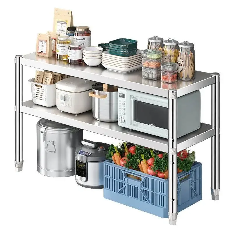 2-layer stainless steel kitchen rack, double-layer rack to store kitchen utensils, two-layer pots and pans