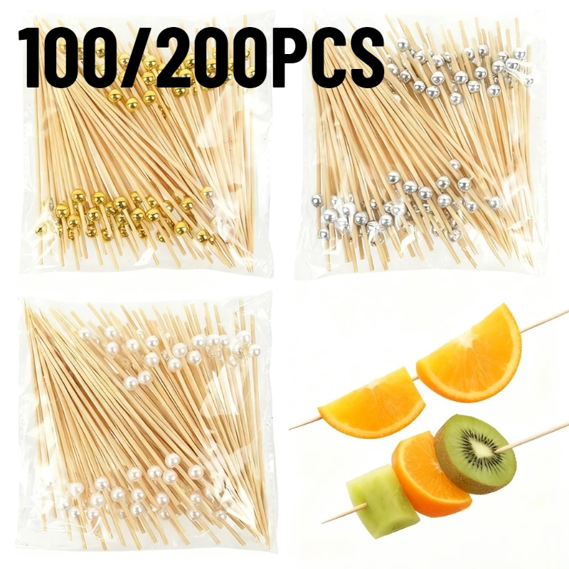 Brochettes jetables en bambou et perles, 100/200 pièces, collations, gâteaux aux fruits, fourchettes à Dessert, fournitures de décoration pour fête d'anniversaire et de mariage