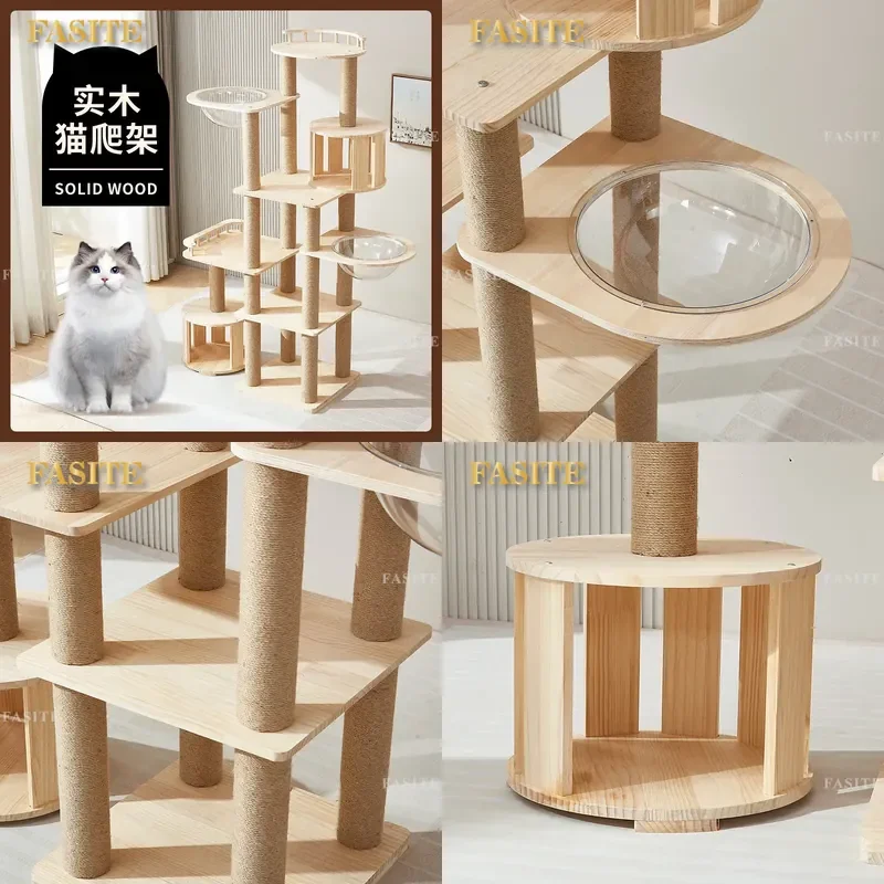 For Solid Wood Cat Climbing Frame Multi-layer Luxury Space Capsule Cat Nest Scratching Post Durable Pet Furniture Toy