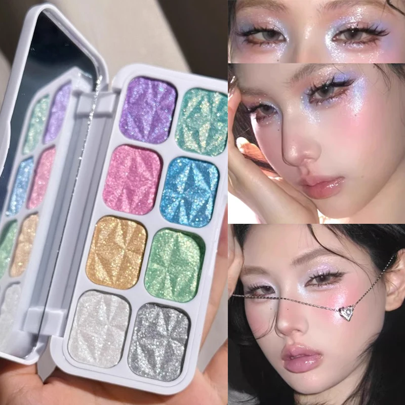 8 Colors Diamond Highlight Eye Shadow Plate Shimmer Glitter Eyeshadow Palette Waterproof Long-Lasting Sparkling Halloween Makeup