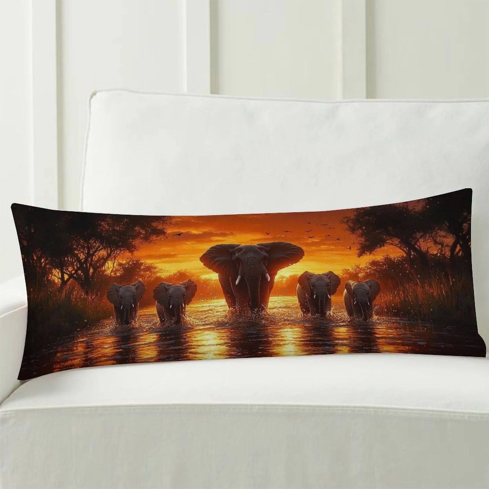 Elephant, Sunset, and River Themed Long Plush Pillowcase. This Soft Decorative Pillowcase Features Double-sided Printing and Mea