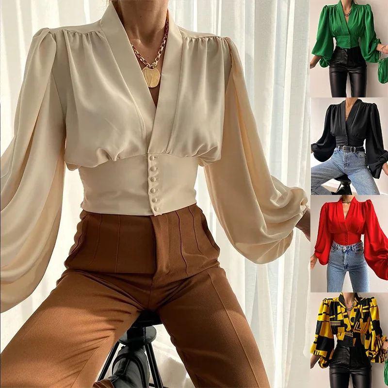 Sexy Keyhole Halter Long-sleeved Blouse Elegant High Collar Ruffled Solid Shirt Streetwear Ladies Casual Top 2022 New Solid