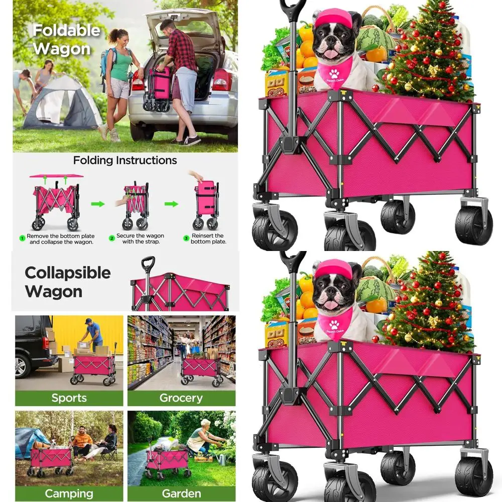 Draagbare all-terrain vouwwagen voor tuin, boodschappen, sport, kamperen - capaciteit van 220 lbs, grote wielen, roze