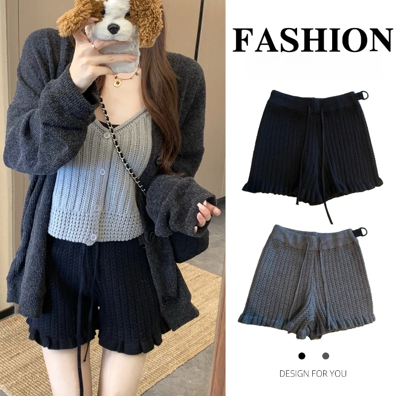 Maternity Shorts Minimalist Versatile Cable Knit Ruffle Hem Drawstring Waist Soft Comfortable Stretchy For Pregnant Women