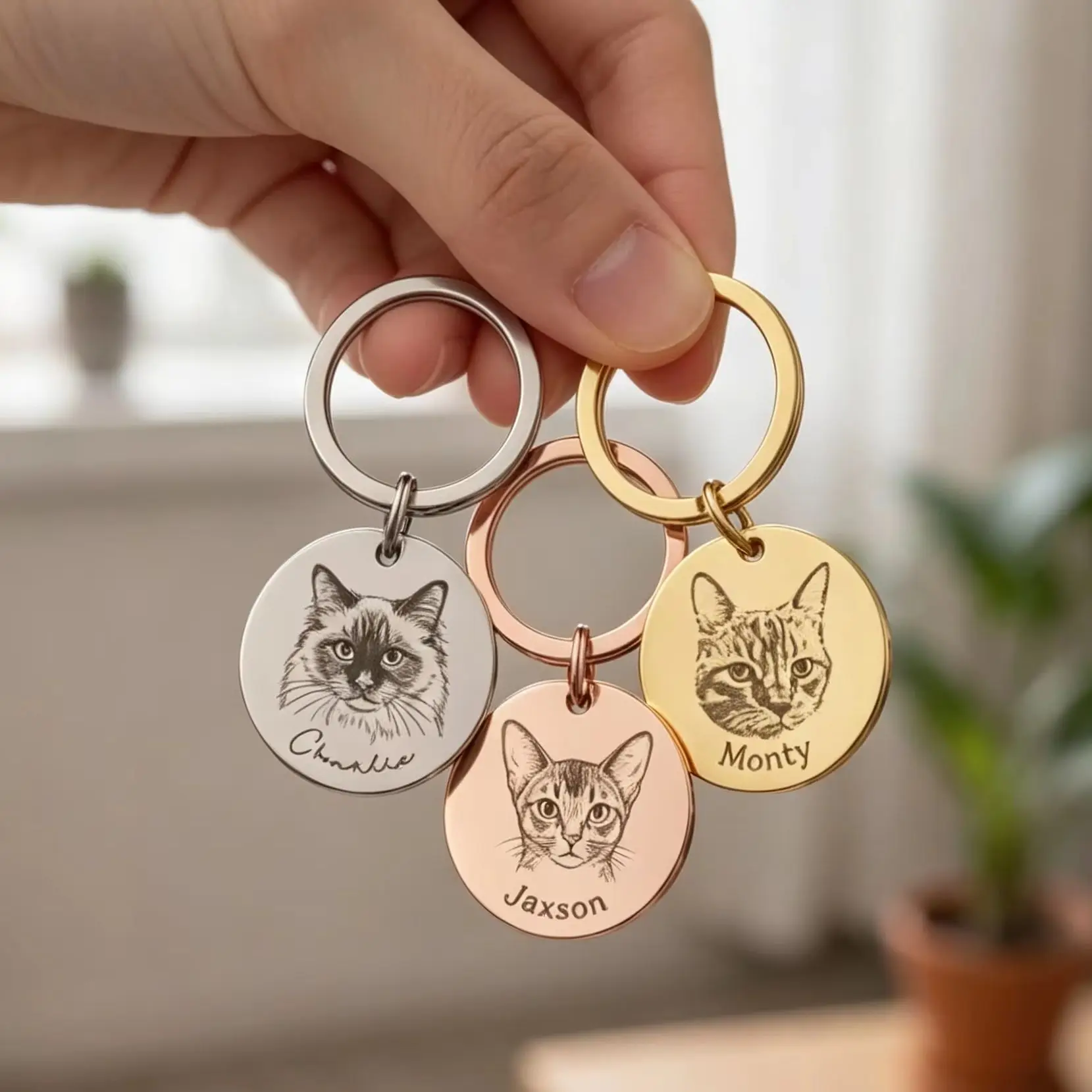 Custom Pet Cat Portrait Keychain Personalized Engraved Photo Name Stainless Steel Key Ring Memorial Souvenir Gift For Pet Lovers