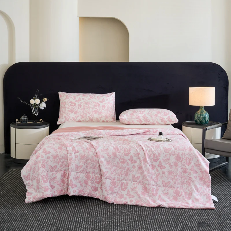 1PC, French gentle pink butterfly floral print summer cool blanket, machine washable air conditioning blanket, skin f