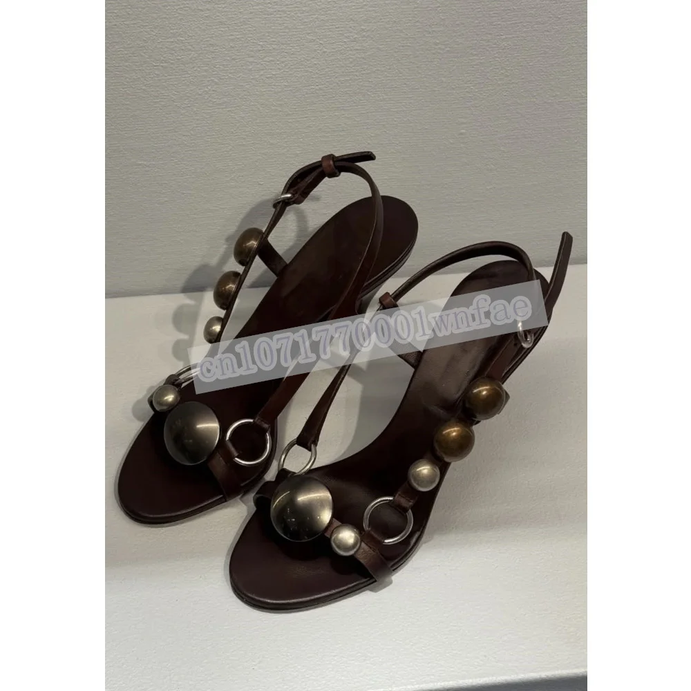 Women Brown Leather Slingback Sandals Vintage Metal Bead Decor Open Toe Stiletto Heel Summer Party Heeled Sandals Zapatos Mujer view 2