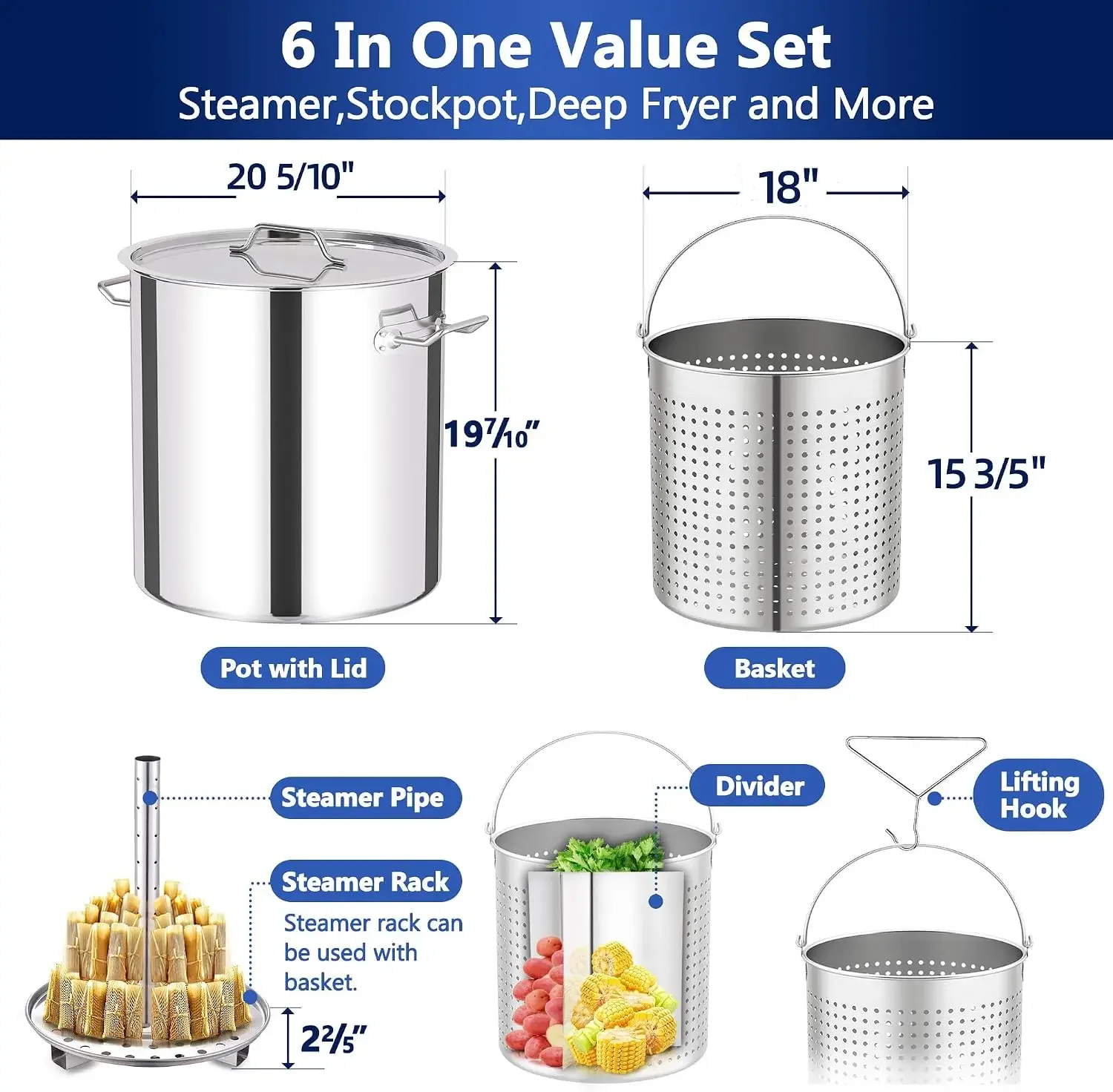 ARC 100quart Large Stainless Steel Stockpot with 48 inch Mixing Paddle for Seafood Boiler Crawfish Pot with Basket and Steam Rac