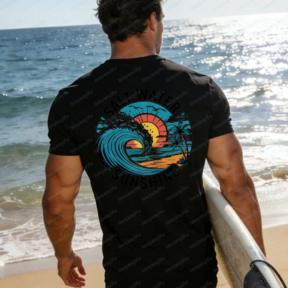 Salt Water Sunshine T-Shirt Women Retro Ocean Wave Palm Tree Graphic Casual Short Sleeve Cotton Top Summer Beach Vacation Shirts