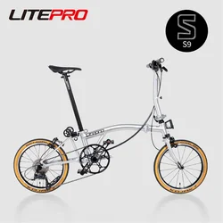 Litepro 16 Inch 9-Speed Folding Bicycle S9 Aluminum Alloy Three Fold Retro Commuting Folding Bike for Adults Portable
