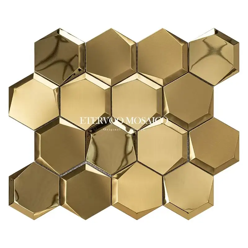 20Pcs Self Adhesive 3D Hexagonal Mosaic Tiles Concave Convex Modern Stainless Steel for Bar Countertop TV Background Wall Decor