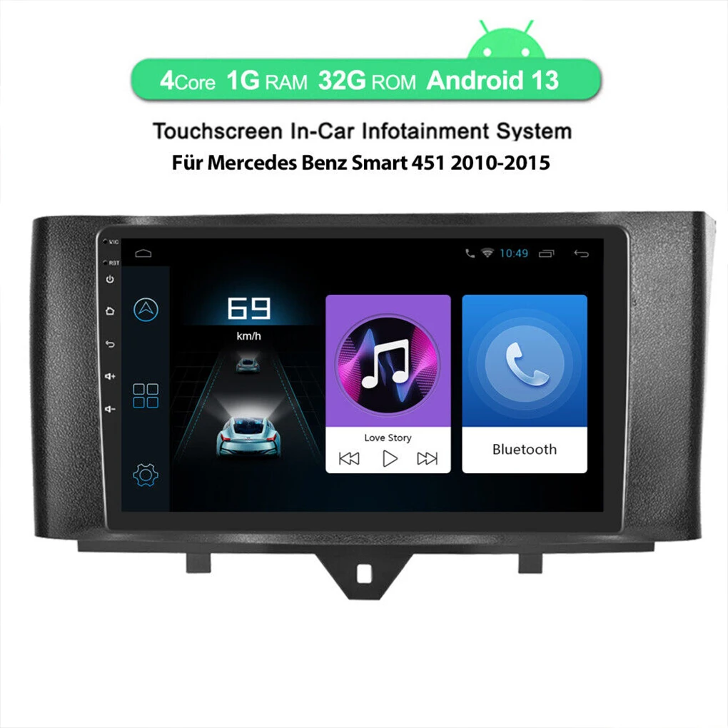 for Mercedes-Benz SMART ForTwo Cabrio/Coupe 451 large screen 10-15 models Android 13 car radio with MIC 9 inch Wireless Carplay