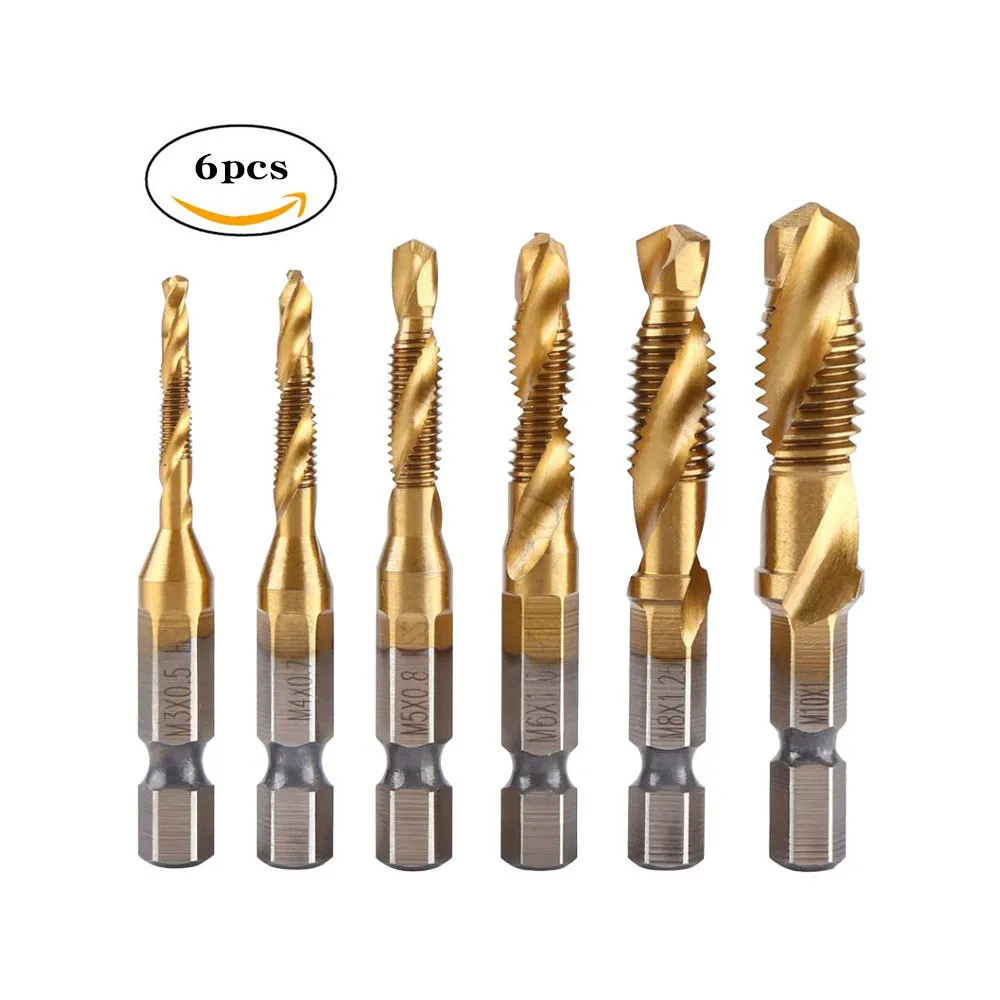 

6Pcs Tap Drill Bit Hex Shank Titanium Plated HSS Screw Thread Bit Screw Machine Compound Tap M3 M4 M5 M6 M8 M10 Hand Tools