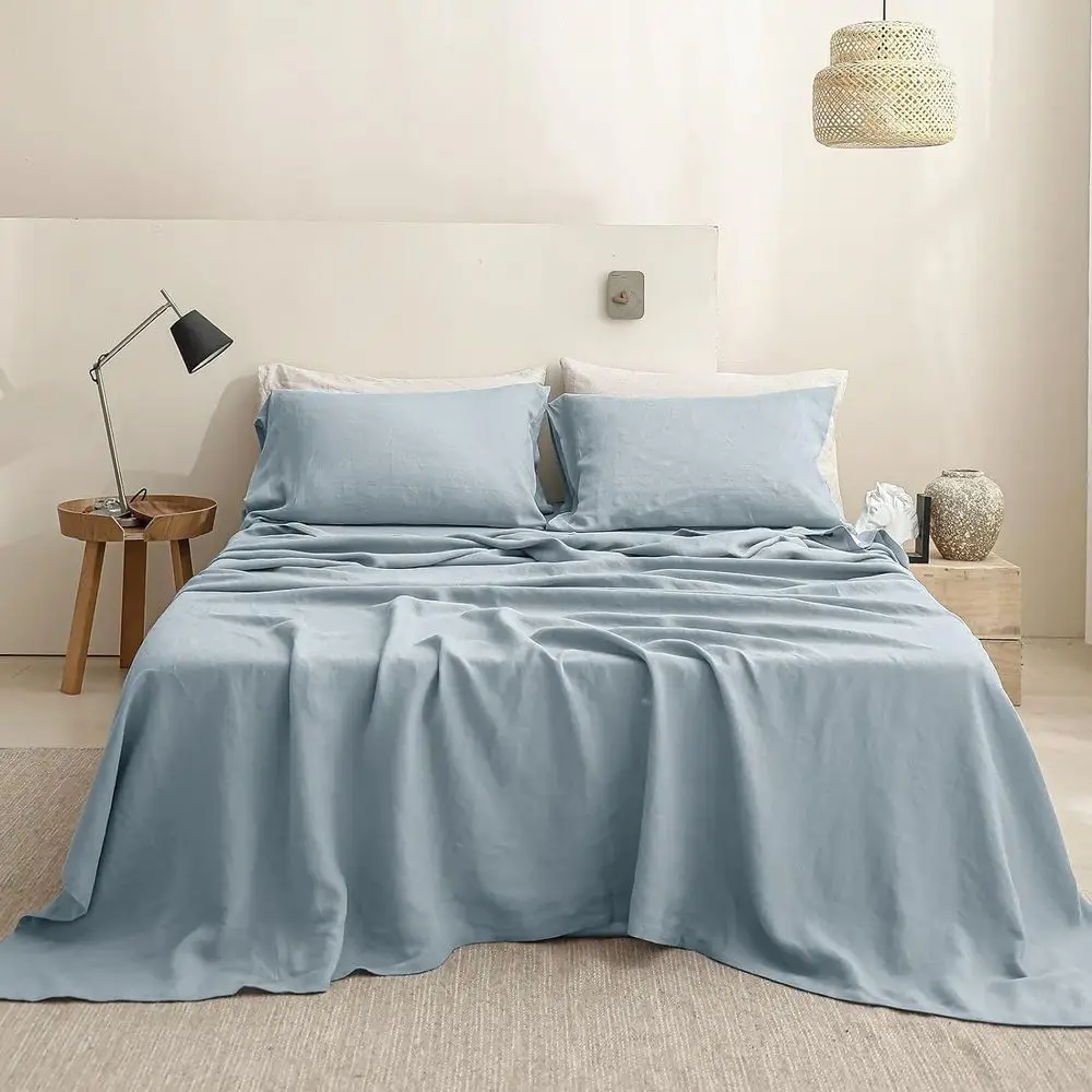 Queen Size 100% Linen Bedding Set - Deep Pocket, Natural French Washed, Dusty Blue Solid Sheets