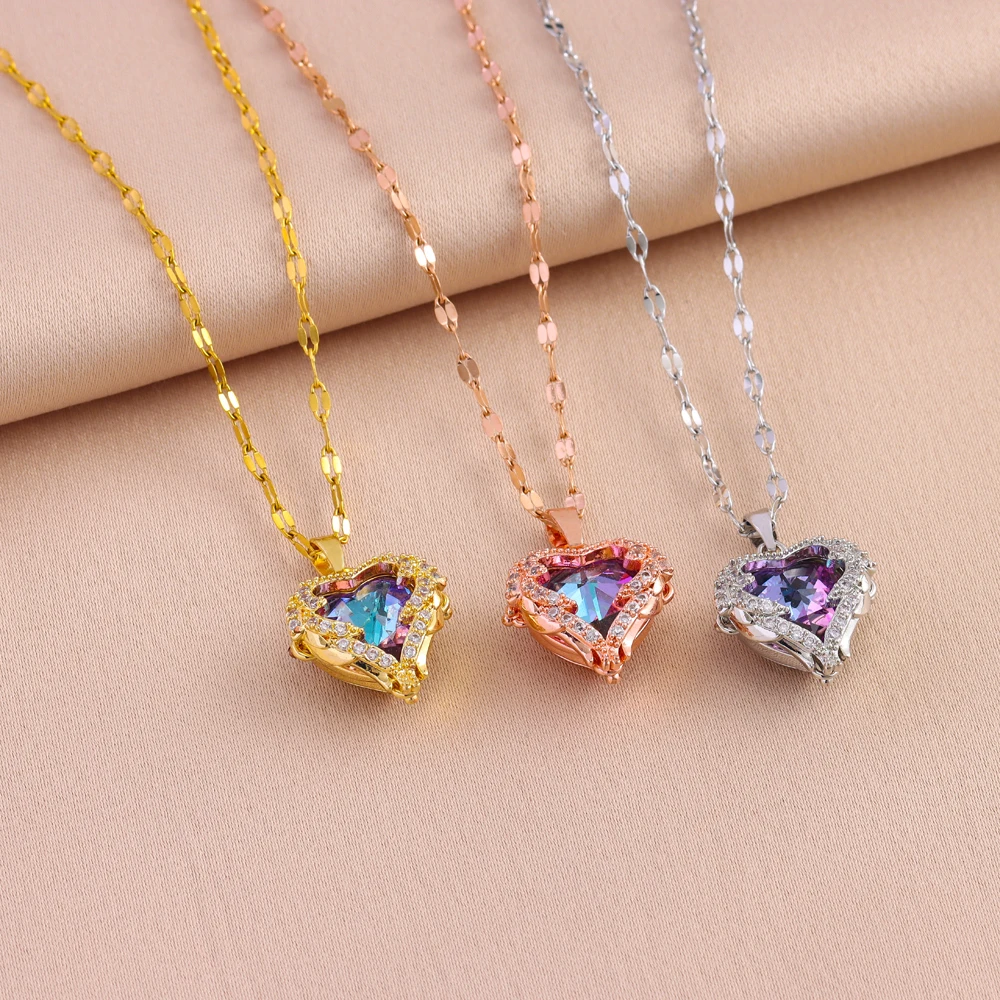 Top Luxury Colorful Crystal Ocean Heart Pendant Necklace For Women Retro Style Stainless Steel Neck Chain Female Wedding Jewelry