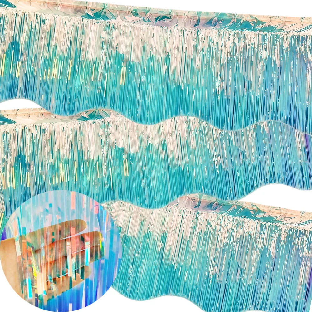 New Wavy Iridescent Blue Foil Fringe Garland Streamers Shiny Wall Hanging Banner Backdrop for Wedding Birthday Party Decorations