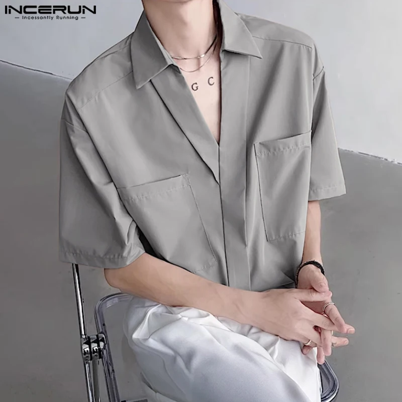 2024 Men Shirt Solid Color Lapel Short Sleeve Summer Pockets Fashion Men Clothing Streetwear Korean Style Shirts S-5XL INCERUN