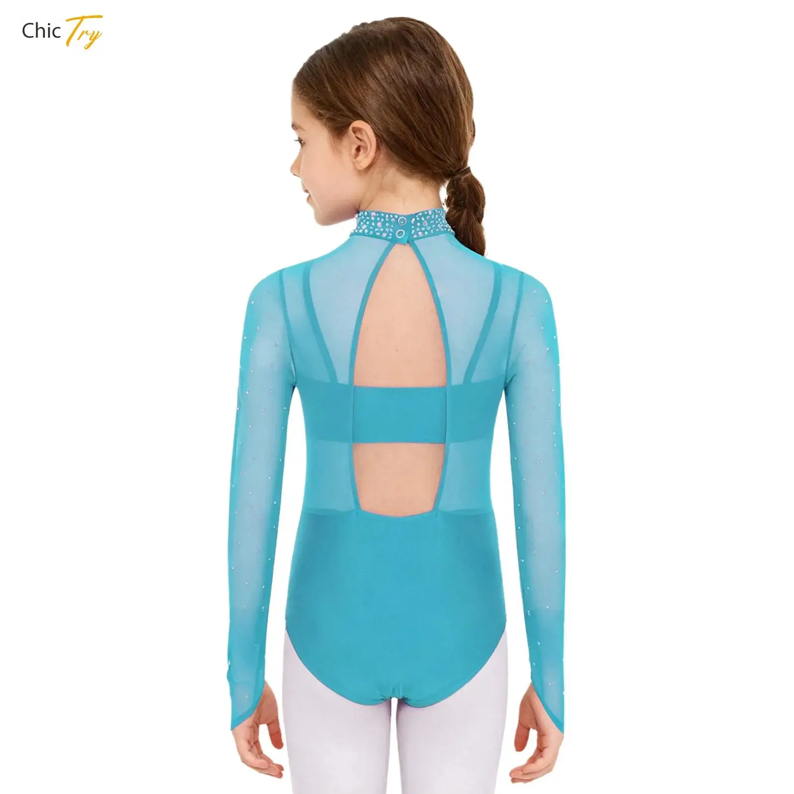 

Kids Girls Gymnastics Ballet Leotard Figure Skating Jumpsuit Long Sleeve Rhinestones Sheer Mesh Bodysuit Unitard with Camisole
