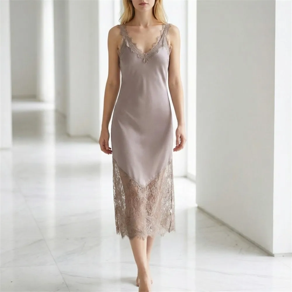 

Trendy Satin Women's Lace Dress Sexy Slim Fit Sleeveless Dress Backless V Neck Long Dress Party Dress