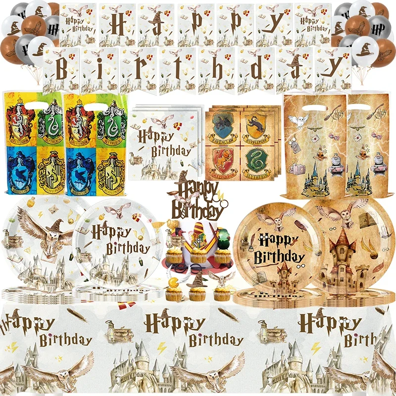 Décoration de fête d'anniversaire sur le thème de l'école de magie, vaisselle jetable, assiettes en papier, gobelets, sacs cadeaux, ballons, toile de fond, cadeaux pour fête d'enfants et Halloween