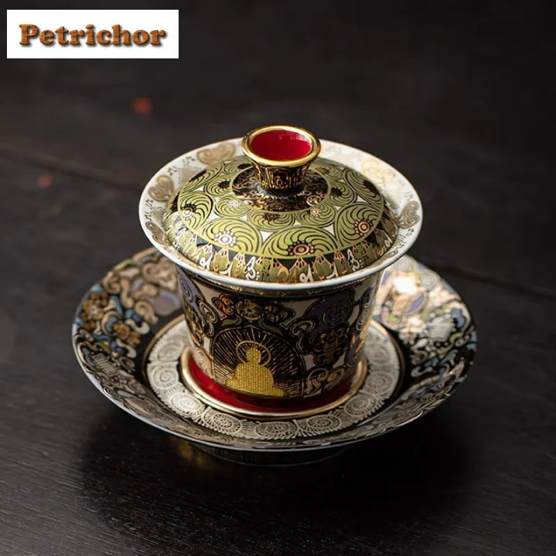 

160 мл Золотая и серебряная инкрустация Dunhuang Black Thangka Gaiwan Эстетическая чайная вареная чаша с крышкой Набор чайник Крышка чая