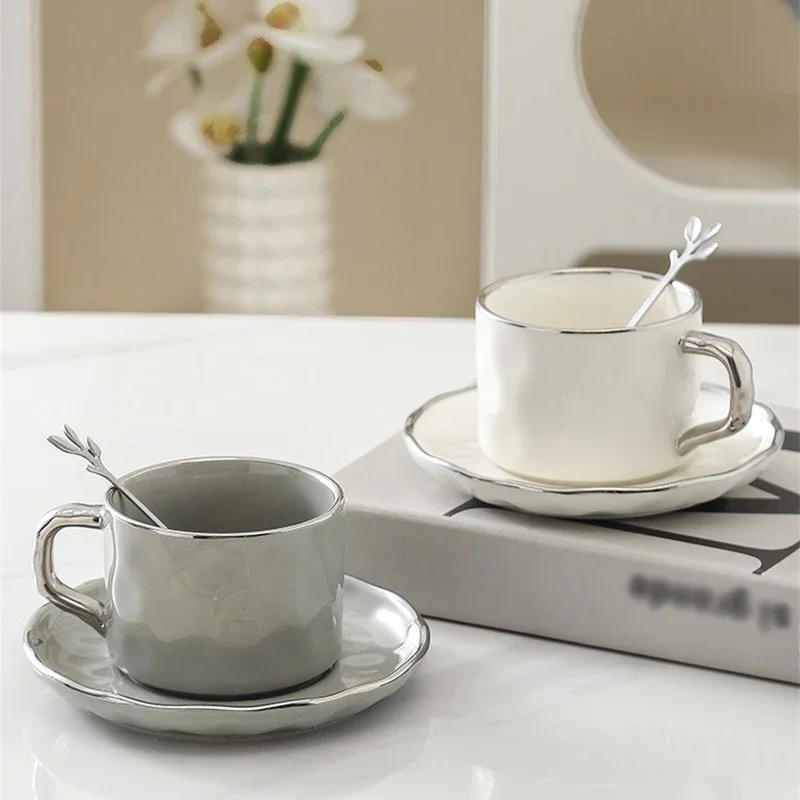 230ml European Style Coffee Cup with Saucer and spoon Ceramic mug Solid Color Tea Cup and Saucer Set Afternoon Tea Milk Cup