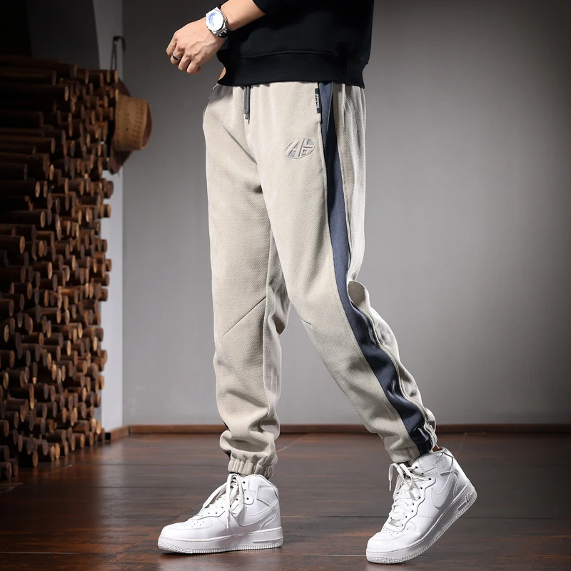 Side Stripe Sport Pants Men Casual Pencil Pants Autumn Fashion Patchwork Khaki Elastic Waist Joggers Trousers