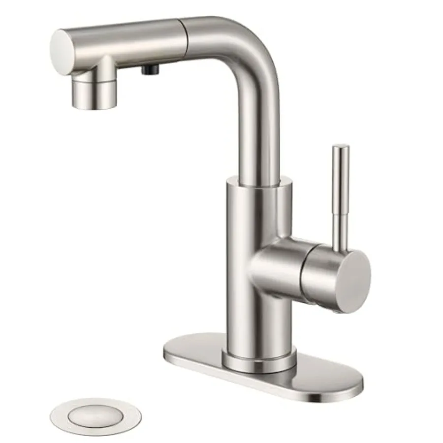 

Brushed Nickel Single Handle Modern Bathroom Faucet with Pull Out Sprayer 15.5" Retractable Hose 360 Swivel Spout Pop Up Drain