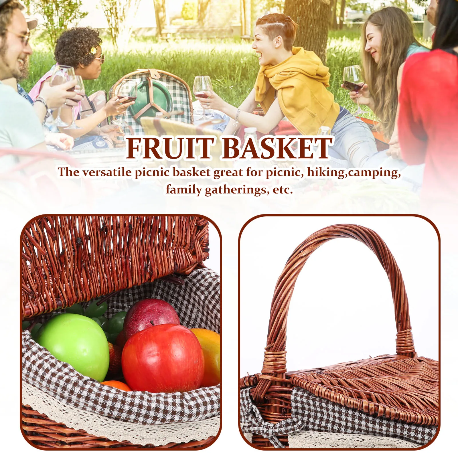 

Natural Wicker Picnic Storage With Double Lids Large Capacity Durable Decoration For Camping Hiking Family