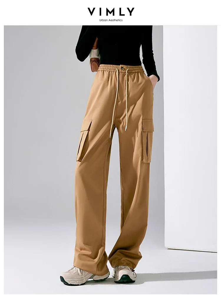 Vimly Khaki Cargo Pants High Waist Baggy Pants for Women 2023 Autumn New in Straight Loose Elastic Waist Casual Trousers M2756