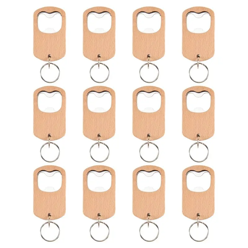 A7THK-12Pack Wood Bottle Opener Wooden Keychain Bottle Openers Blanks Wood Engraving Key Chains Key Tag For Home Kitchen Party