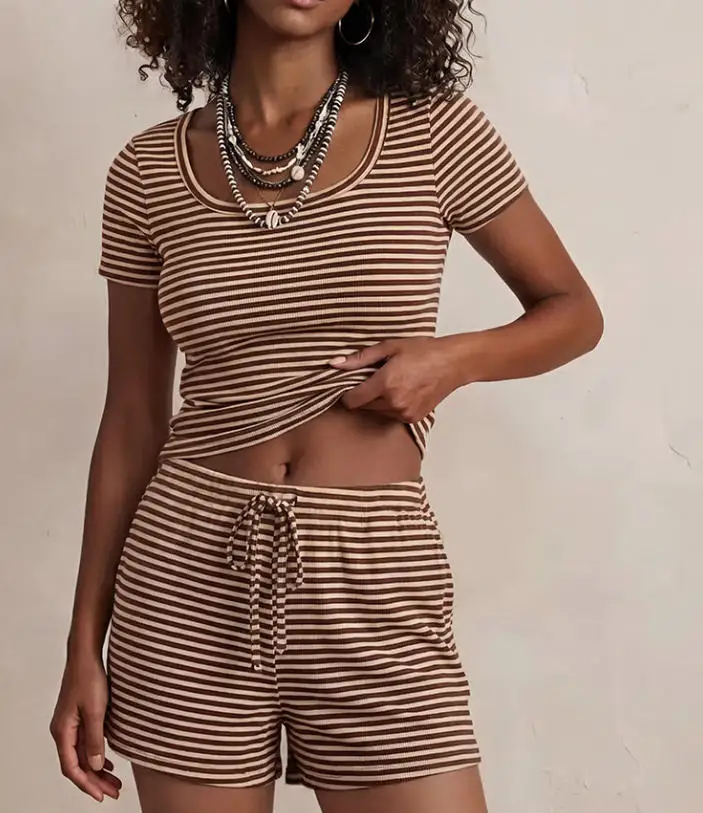 Two Piece Set Women Outfit 2026 Spring Summer New Square Collar Short Sleeve Striped T-Shirt & High Waist Casual Shorts Set