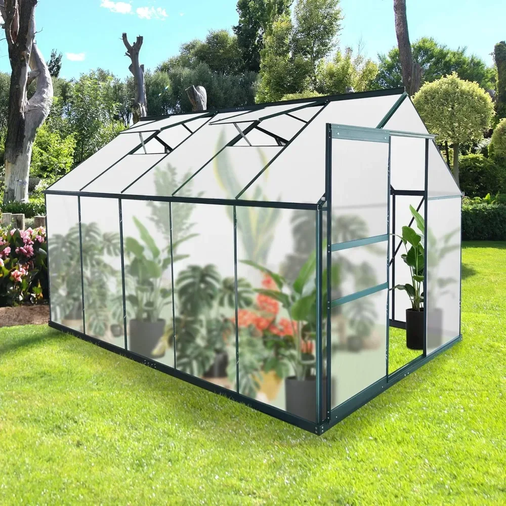 

6'X 10' Walk-in Greenhouse, Polycarbonate Greenhouse with Sliding Door, 2 Vent Window, Rain Gutter for Outdoor