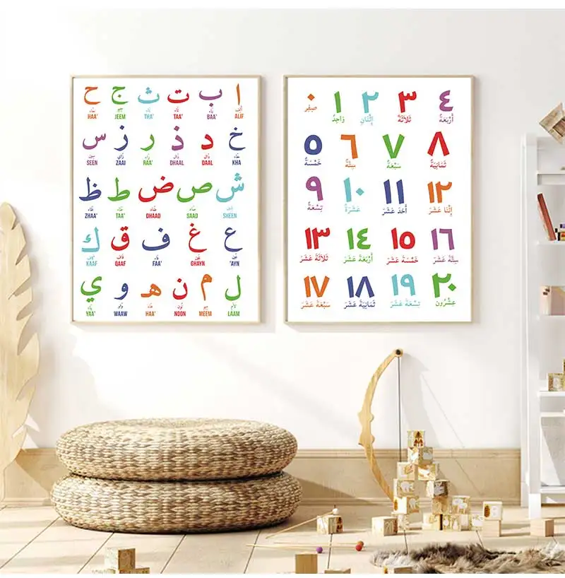 Poster Prints Nursery Kids Room Wall Art Decor Arabic Islamic Wall Art Canvas Painting Arabic Letters Alphabets Numerals