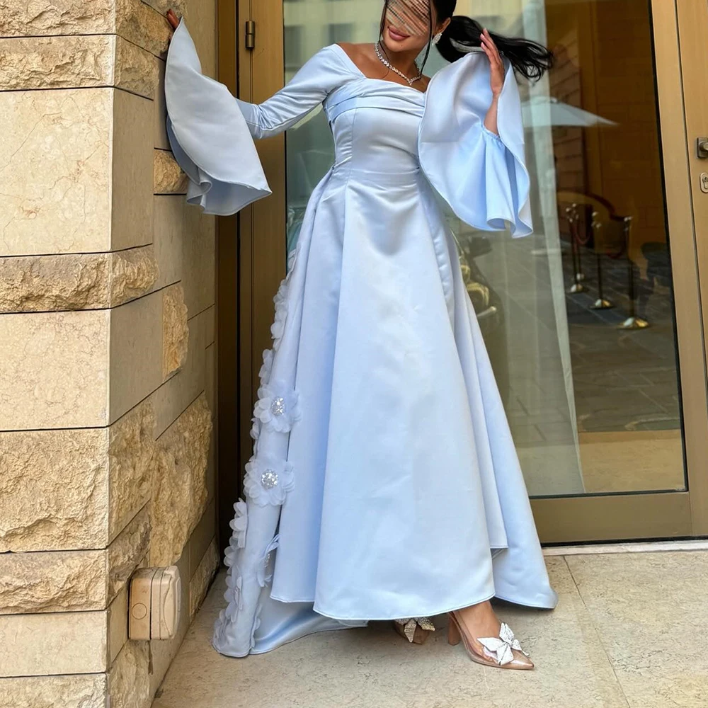 

Customized Temperament Appliques Crystal Square Neck Ankle Length A-Line Evening Dress Satin Long Sleeves Flowers Vestido De Fe