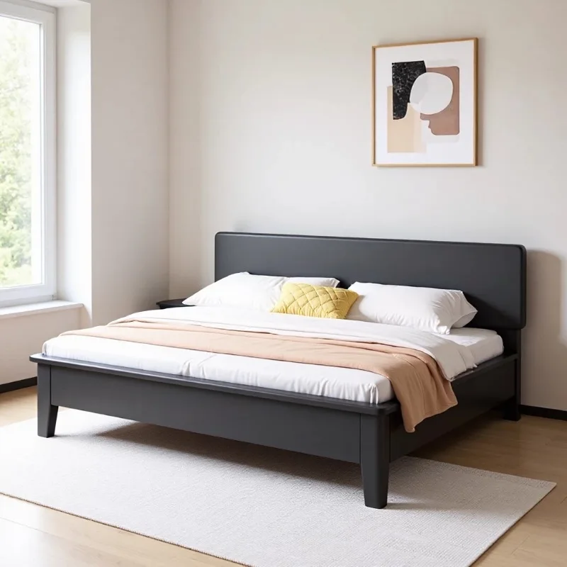 Modern simple black solid wood bed minimalist soft bag backrest matte black home master bedroom second bedroom double bed