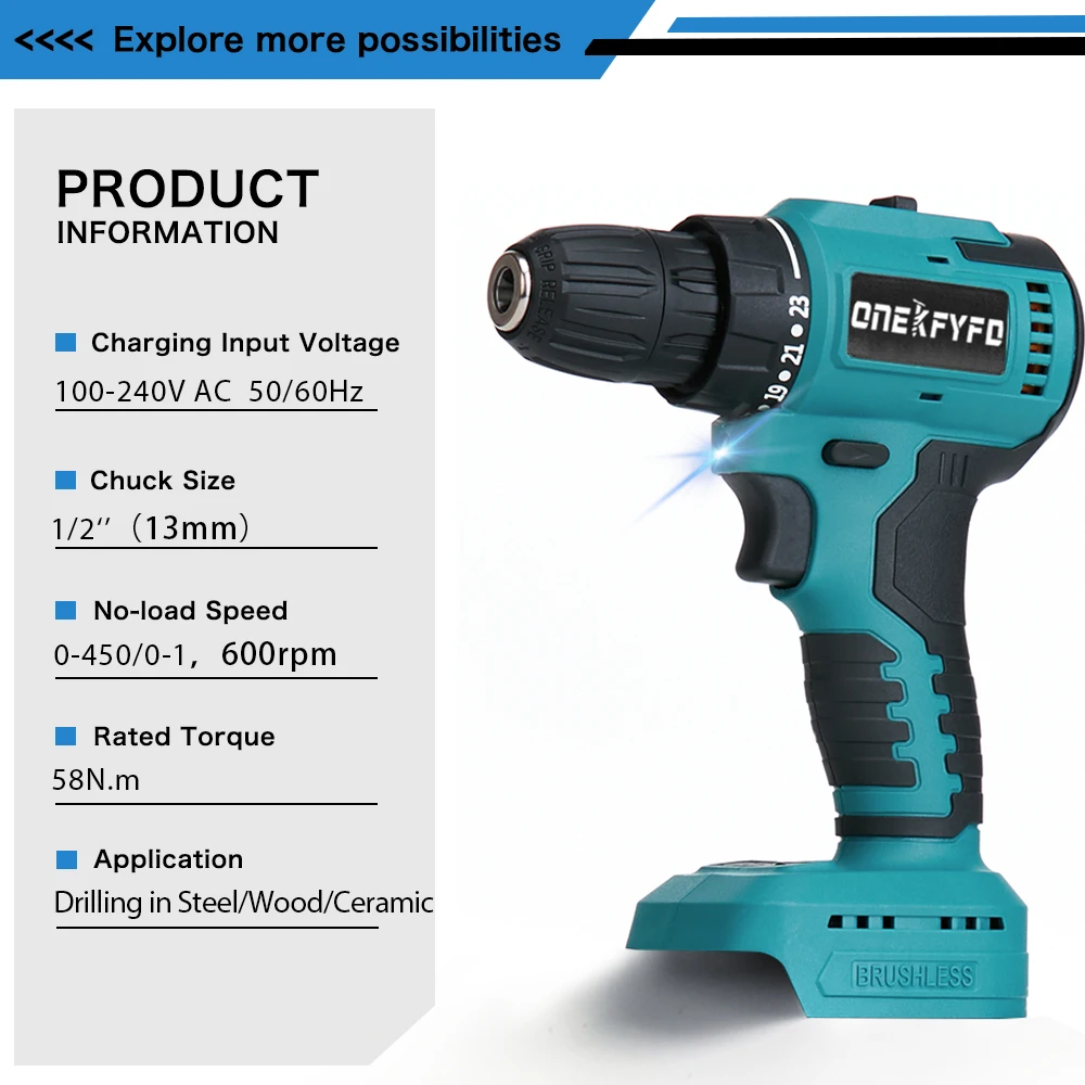 Electric Cordless Brushless Impact Drill Hammer Drill Screwdriver DIY Power Tool Rechargable Power Drill For Makita 18V Battery