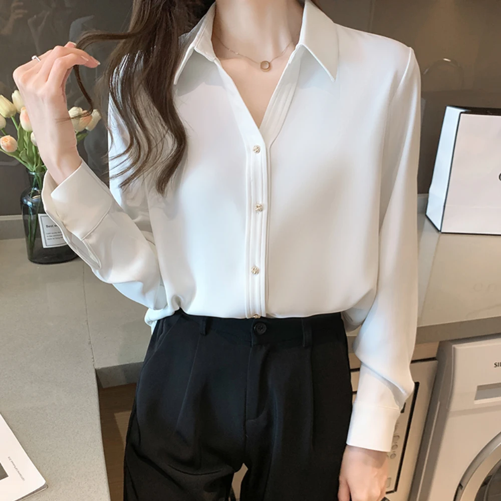 Korean Fashion Office Lady Shirts Chiffon Blouses Women Long Sleeve Tops Woman Vintage White Shirt Blouse Blusas Mujer Moda 2024